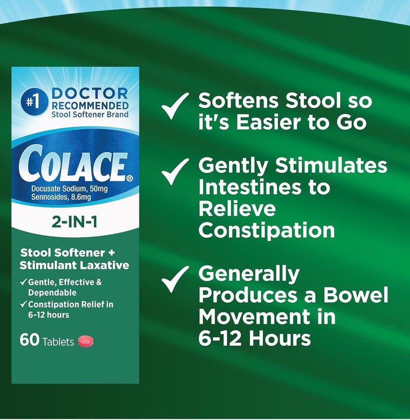 COLACE 2-In-1 Stool Softener Plus Stimulant Laxative for Gentle Effective Constipation Relief, Docusate Sodium Plus Sennosides, 60 Count - Image 3